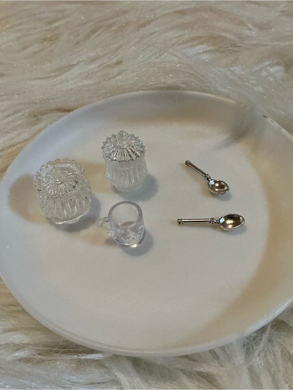7pc miniatures set of two canisters with lids & two spoons +1 cup